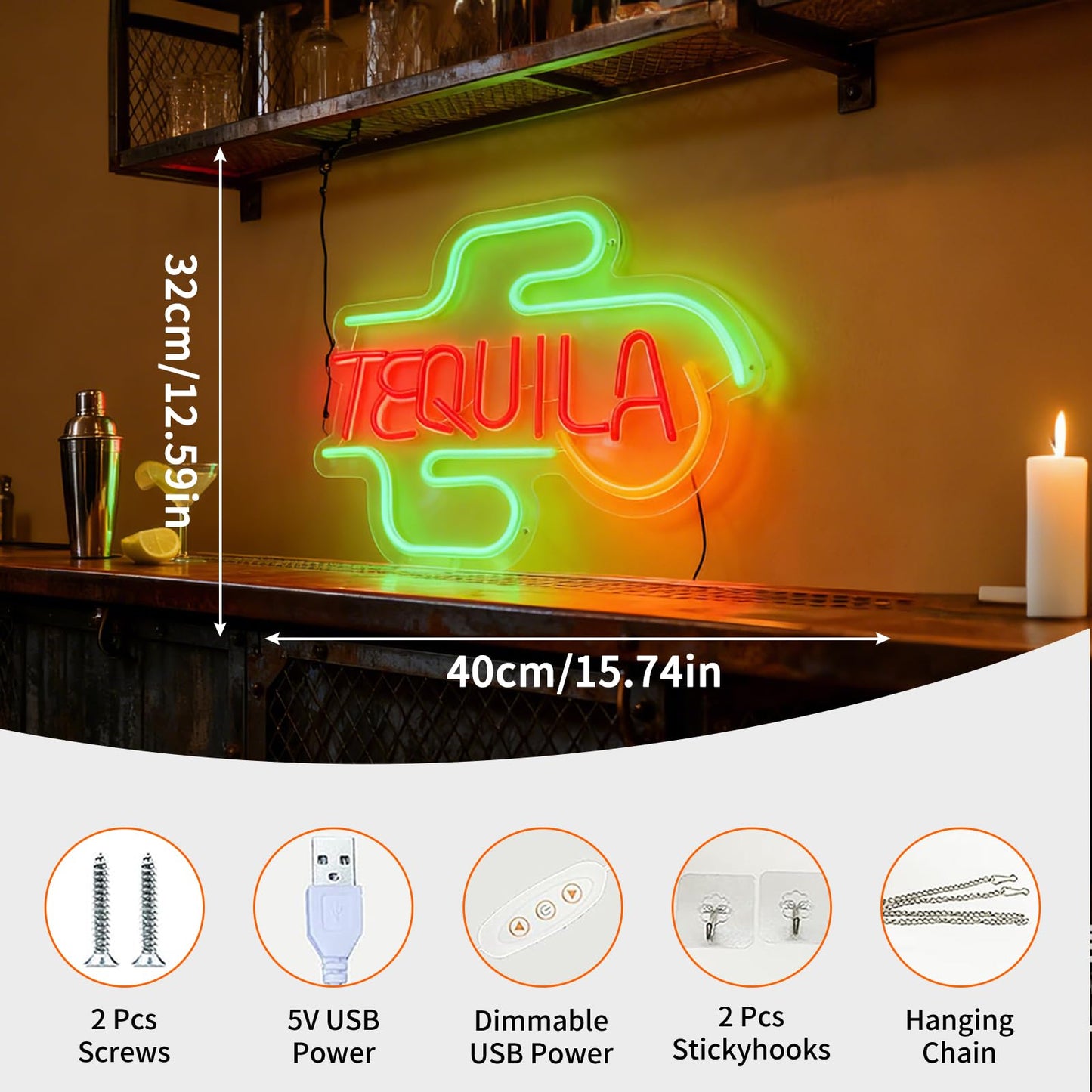 Tequila LED Neon Sign - USB Powered Decorative Neon Light for Bar Home Living Room, Mexican Cocktail Theme Party Wall Table Decoration, 15.7 x 12.6 In