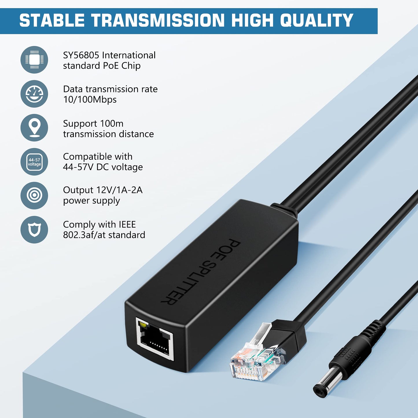 PwrON Active POE Splitter Adapter, 48V to 12V, IEEE 802.3af Compliant, 10/100Mbps up to 100 Meters for Surveillance Camera, Wireless Access Point