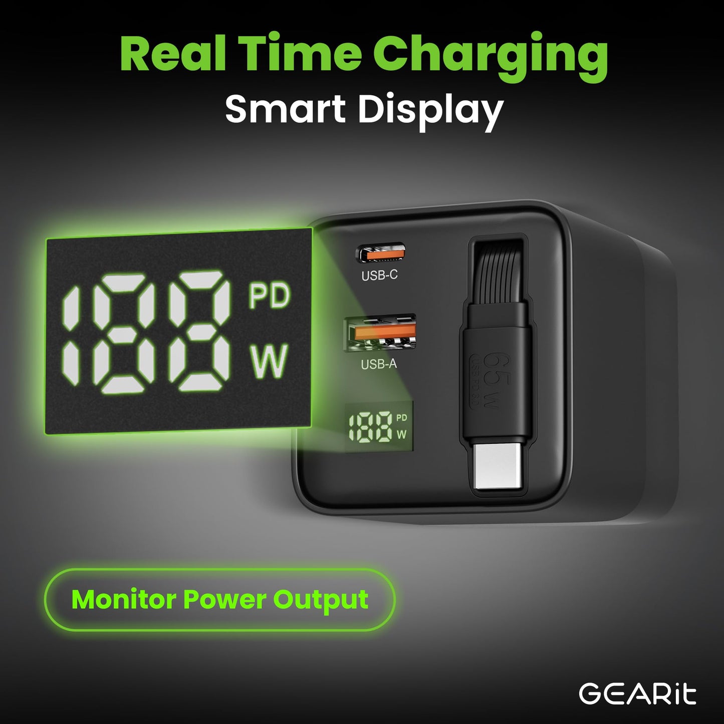 GEARit Laptop Charger for MacBook Pro 65W Fast Charge Block with Cable, Display Screen, Compatible with iPhone 17/16/15 Series, Galaxy S25/S24