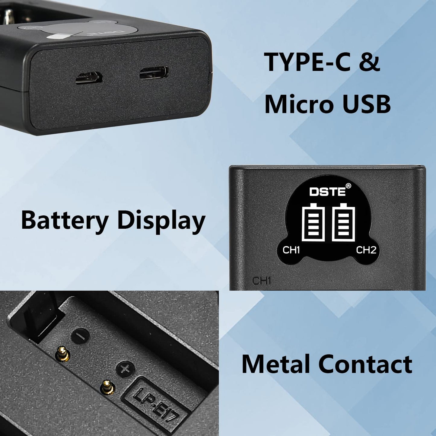 DSTE LP-E17 Battery Charger, Dual LCD Charger Compatible with Canon EOS RP, R8, R10, Rebel T7i, T6i, T6s, SL3, SL2, 77D, 9000D, 8000D, 800D, 760D