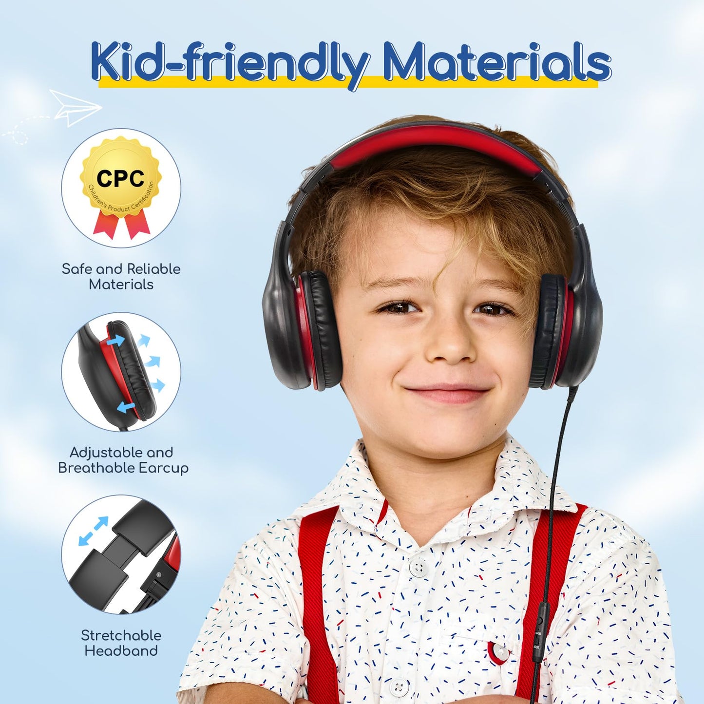 EarFun K1 Kids Headphones Wired with Microphone, 85/94dB Volume Limit Headphones for Kids, Portable Wired Headphone with Shareport, Stereo Sound