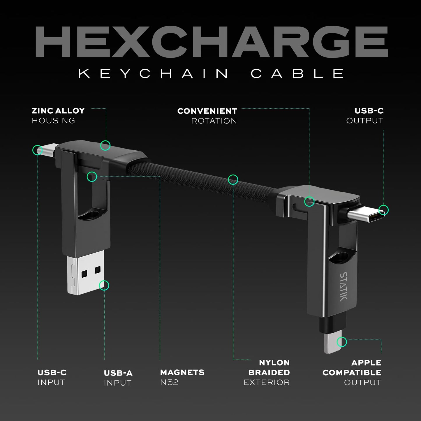 Statik HexCharge Keychain Charger Cable - Portable 4 in 1 Charging Cable Key Ring, 60W Fast Charging, Universal Multi Charging, Compatible