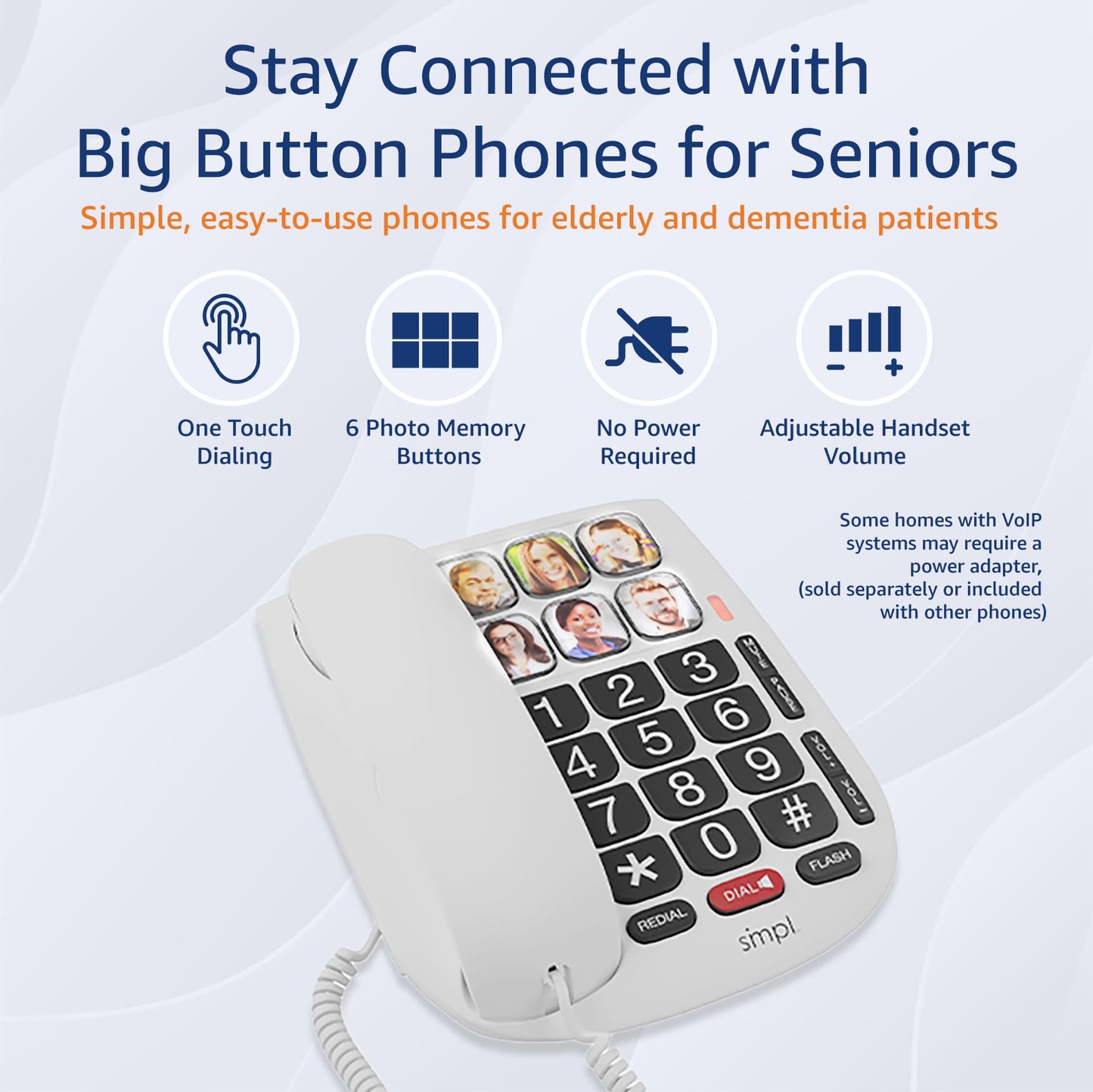 SMPL Hands-Free Dial Corded Phone with Photo Memory, One-Touch Dialing, Large Buttons, Flashing Alerts - For Seniors, Hearing Impaired