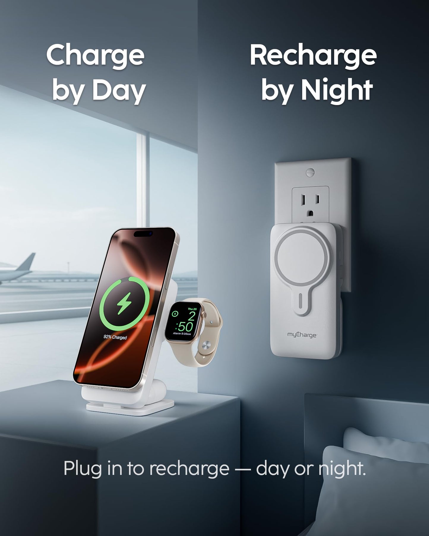 myCharge EcoHub 3-in-1 Magnetic Wireless Charger & Battery Pack for iPhone, iWatch, AirPods - 6,000mAh Battery | Built-in Wall Plug | 15W Magsafe