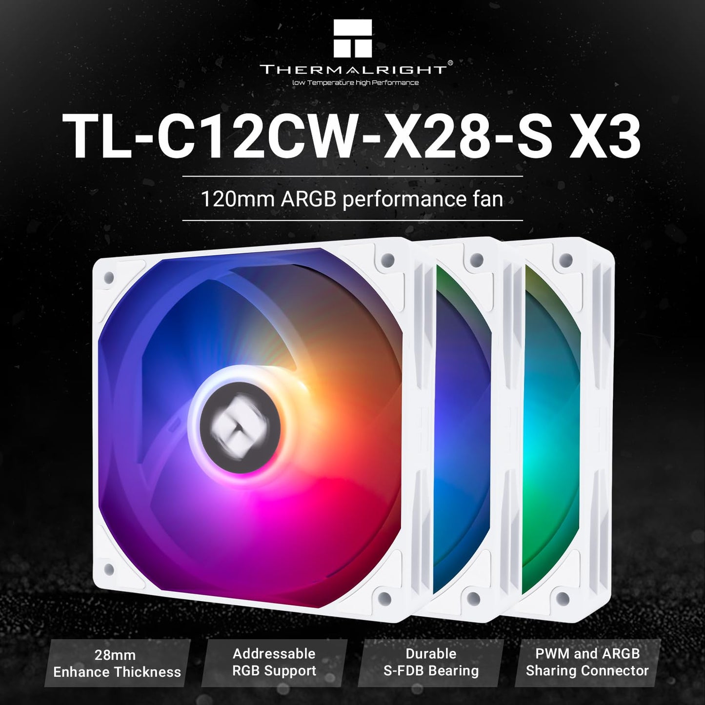 Thermalright TL-C12CW-X28-S X3 CPU Air Fan, 25.4dBA, 73.3CFM, 5V 3Pin ARGB Led, PWM Silent Computer Case Cooler Fan, 1550RPM Speed PC Cooling, for CPU