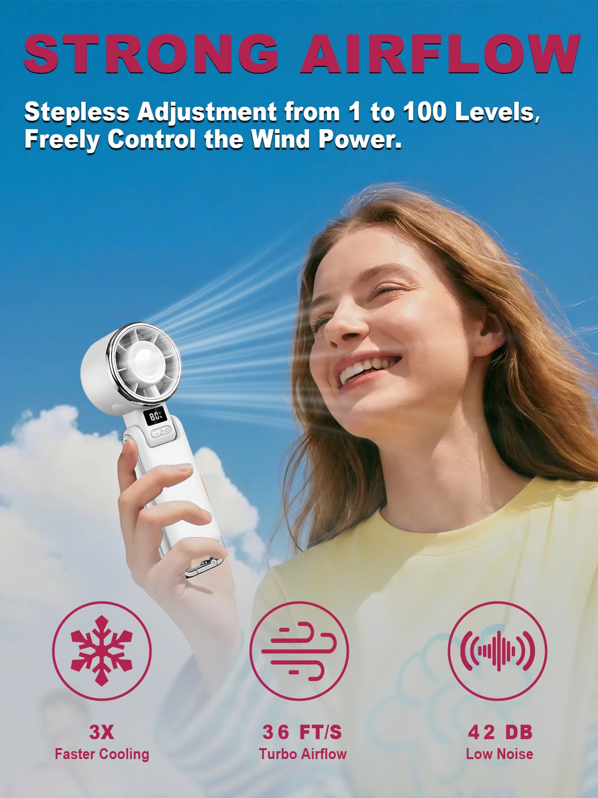 KIMWIND Portable Handheld Fan, High Speed Turbo Fan with 100 Gear, Up to 12 Hours Rechargeable Battery, 3 IN 1 Hand Fan, Mini Personal Fans