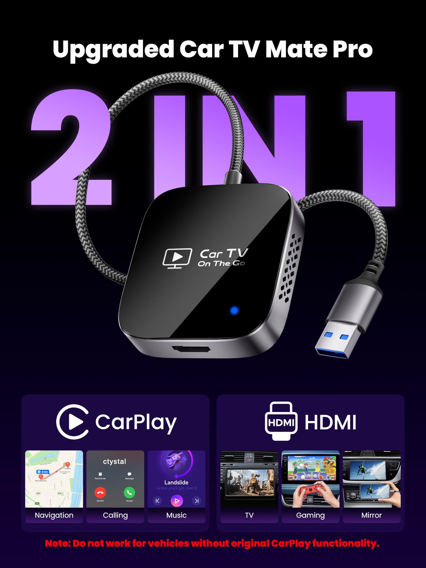 2-in-1 Wireless CarPlay Adapter & Car TV Mate Pro 2026 [Metal & Glass Case] Convert Wired to Wireless Car Play with HDMI Input for TV Stick, Screen