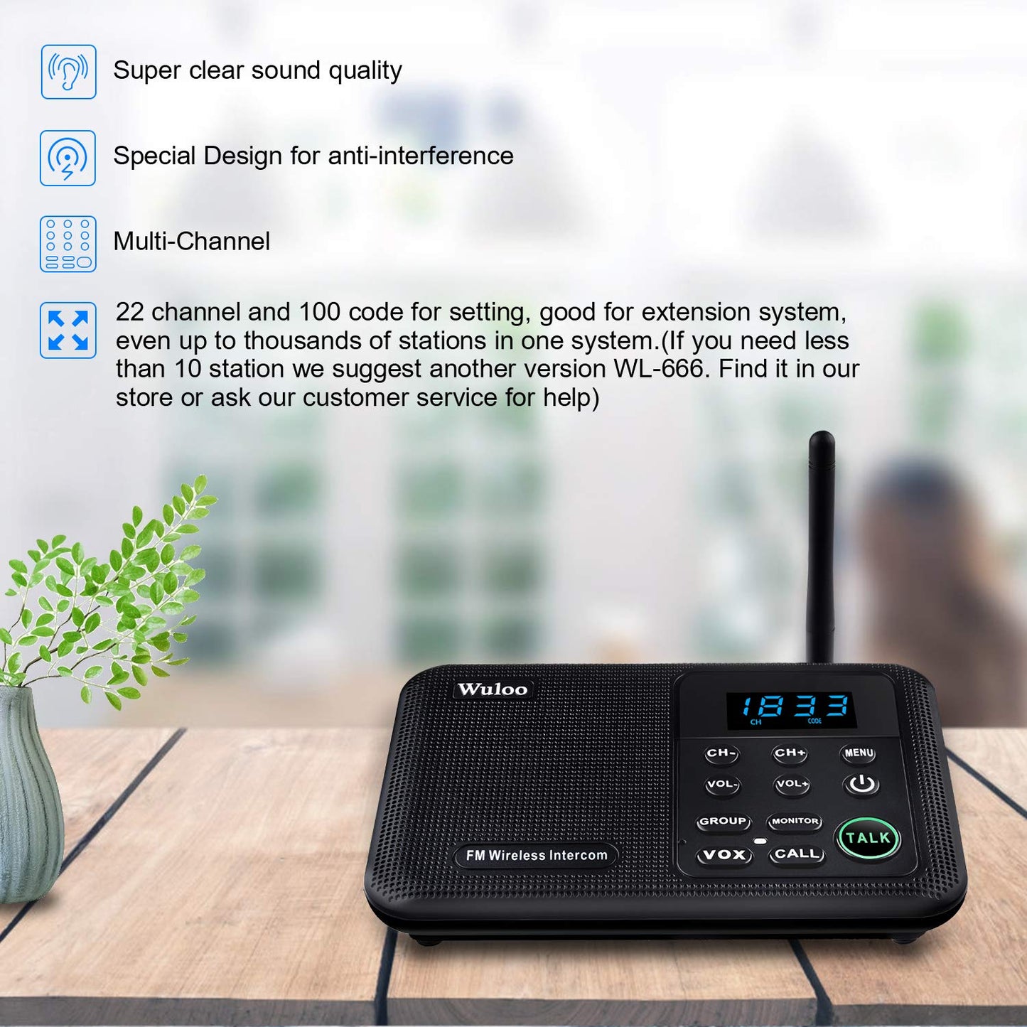Wuloo Intercoms Wireless for Home 1 Mile Range 22 Channel 100 Digital Code Display Screen, Wireless Intercom System for Home House Business Office