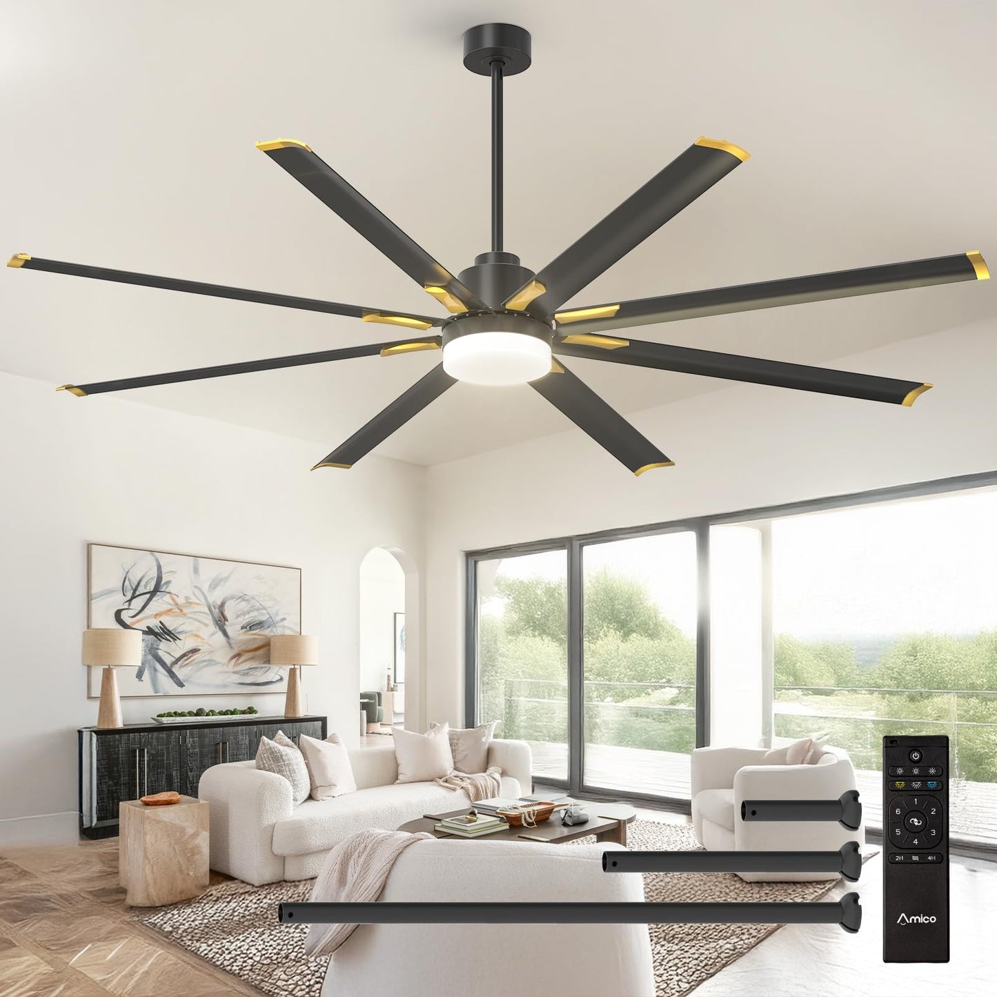 Amico 84 Inch Ceiling Fan with Light, Industrial Large Ceiling Fan with Quiet DC Motor, 8 Aluminum Reversible Blades, 6-Speed Remote Control