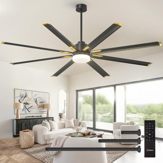 Amico 84 Inch Ceiling Fan with Light, Industrial Large Ceiling Fan with Quiet DC Motor, 8 Aluminum Reversible Blades, 6-Speed Remote Control