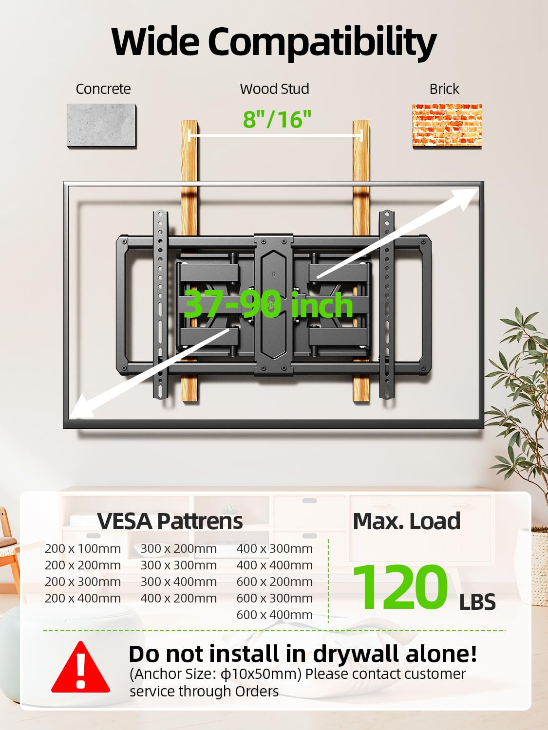 USX MOUNT Ultra Slim TV Wall Mount for Most 37-90 inch Television, Full Motion TV Mount Dual Swivel Articulating Tilt 6 Arms, Up to 120lbs, VESA