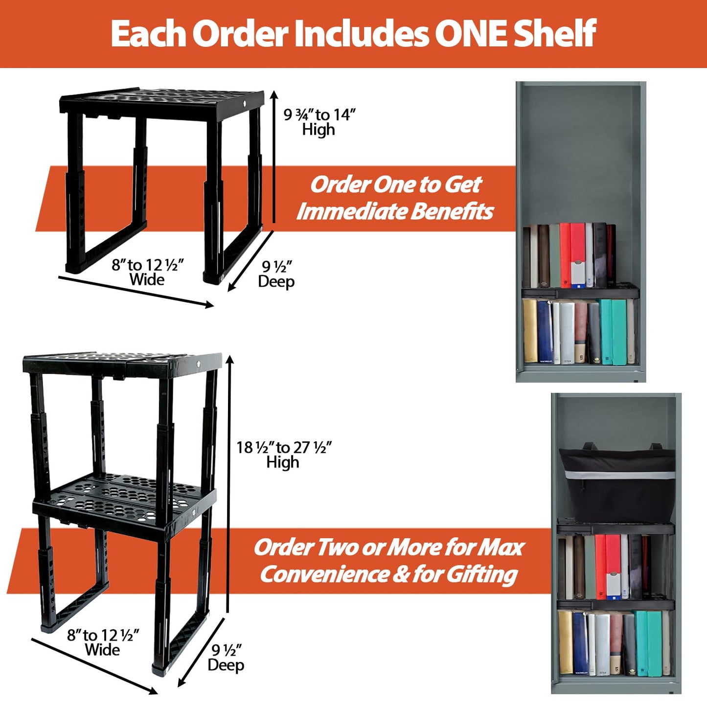 Piffny Locker Organizer Shelf? Adjustable Width and Height, Stackable, Ideal Locker Shelf for School, Office, Gym Lockers, or Even Kitchen Cabinets