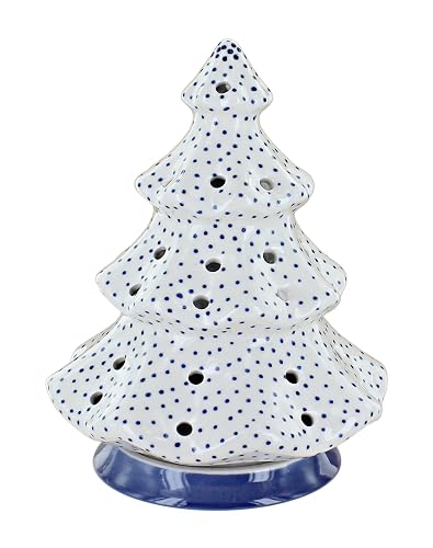 Blue Rose Polish Pottery - Blue Small Dots Tree Luminary - 7.5" Tall - Hand-Painted Polish Pottery Holiday Candle Holder, Unique Festive Décor