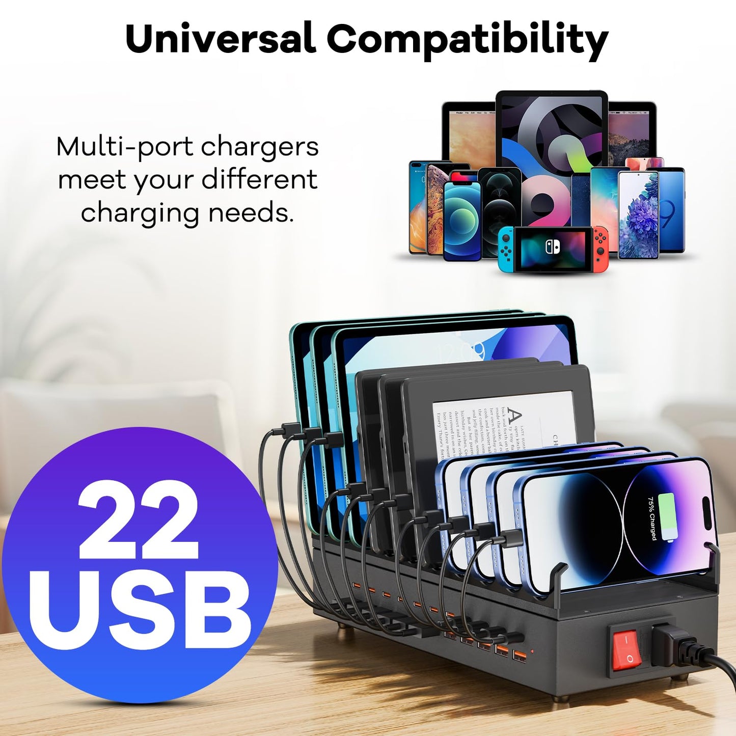 USB~C Charger Block, 300W 22 Port (11 US? A & 11 US?~C) USB Charging Station for Multiple Devices, Desktop Wall Fast Charger with Storage Dividers