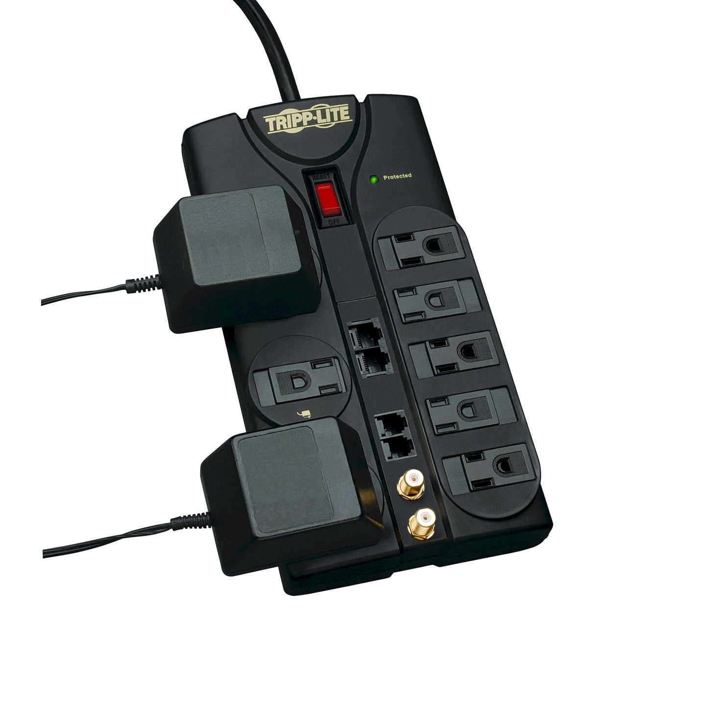 Tripp Lite 8 Outlet Surge Protector Power Strip, 10ft Cord, Right-Angle Plug, Tel/Modem/Coax/Ethernet Protection, RJ11, RJ45, & $250,000 INSURANCE