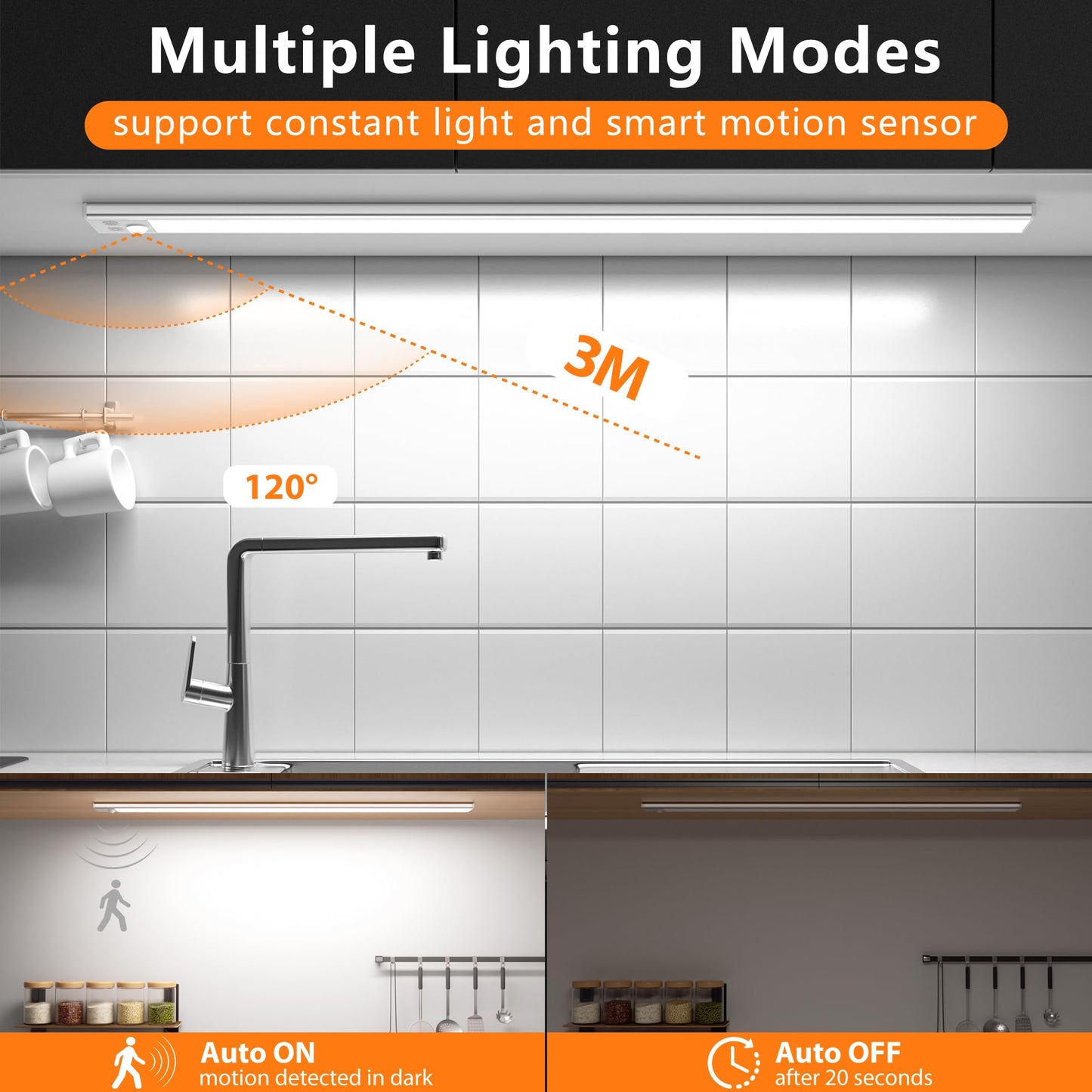 DEALGADGETS 60cm Ultra Thin Under Cabinet Lights, 106 LED 5000mAh Motion Sensor Lights Indoor, 3 Color Stepless Dimming Rechargeable LED Lights