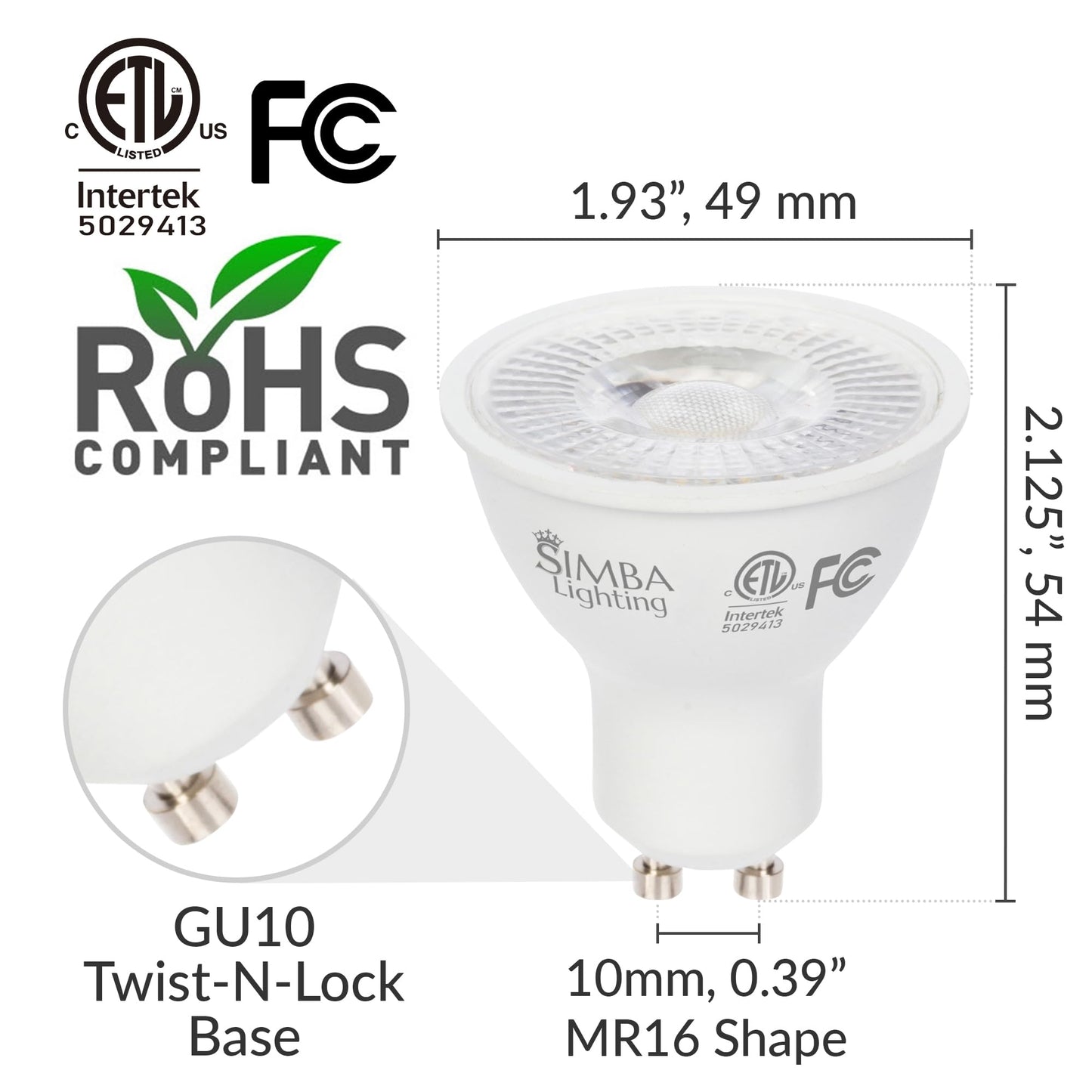 Simba Lighting LED GU10 5W ETL Listed Twist-N-Lock Bipin Base 5000K, 6 Pack