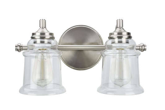 Aspen Creative 62082, Two-Light Metal Bathroom Vanity Wall Light Fixture, 15 1/4" Wide, Transitional Design in Brushed Nickel with Clear Glass Shade
