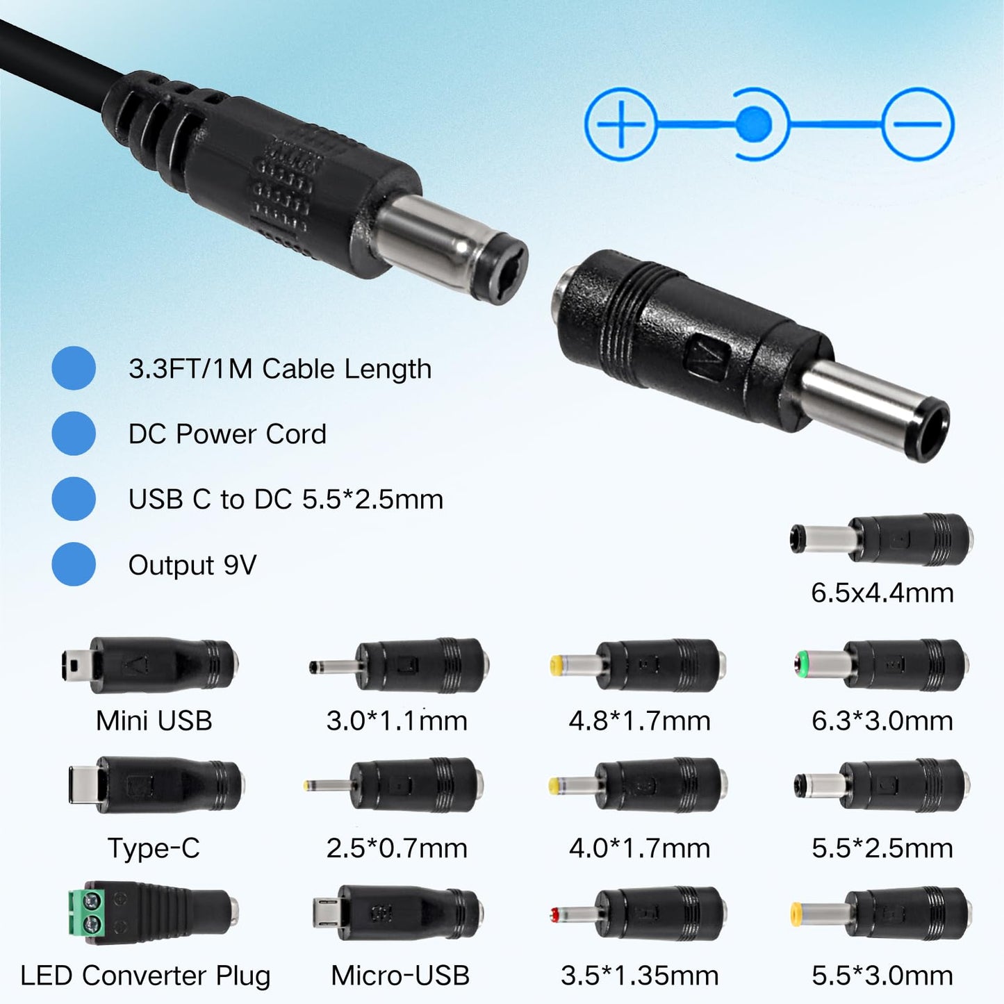 MELIFE USB C to DC 9V Power Cord, Universal DC 5.5x2.5mm (Compatible with 5.5 x 2.1mm) Plug Jack Charging Cable with 13 Connector Tips, 3.3ft USB C