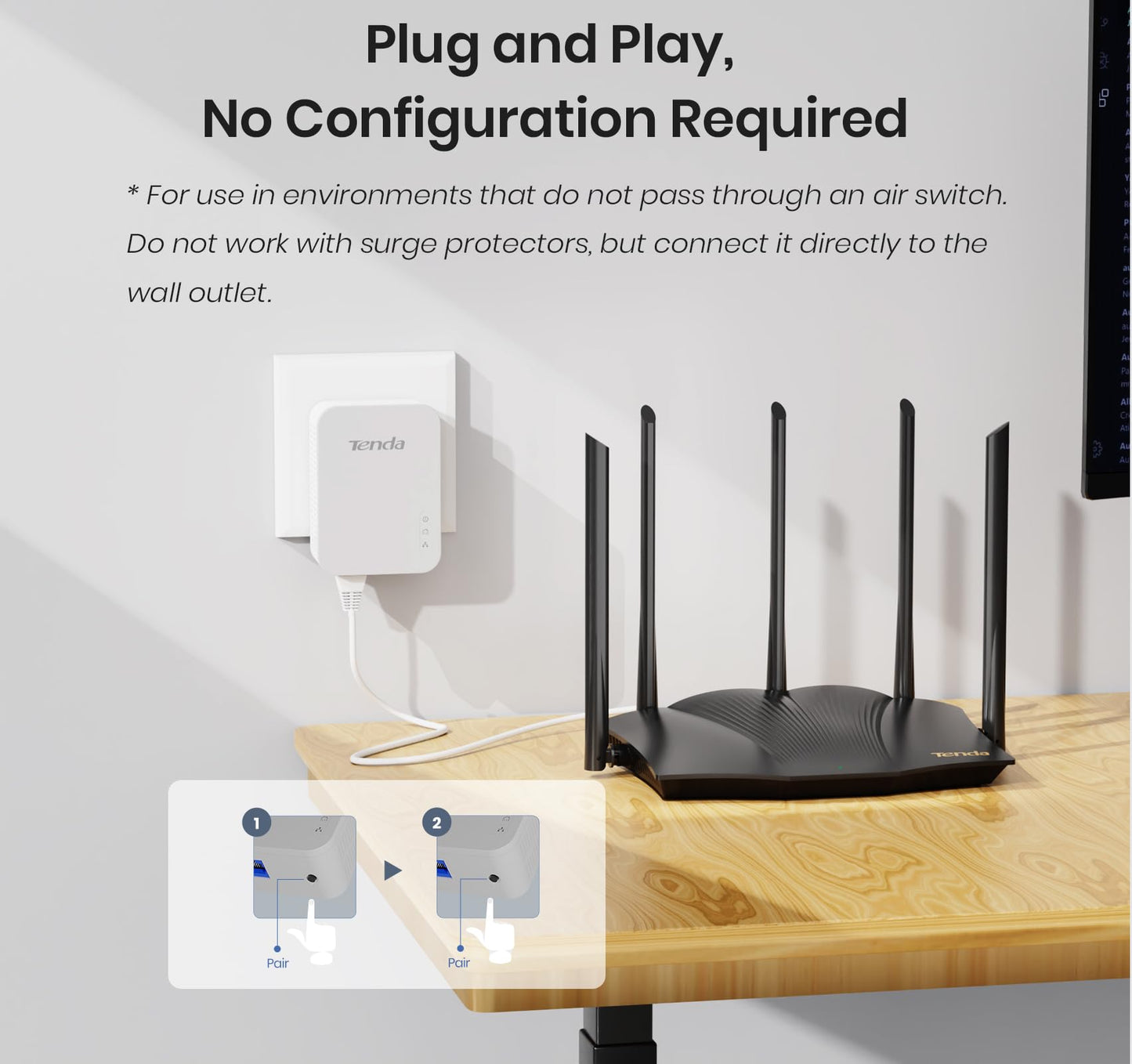 Tenda AV1000 Powerline Adapter Kit with Gigabit Ports, Powerline Extender, Plug and Play, for HD/3D/4K Video Streaming and Gaming (PH3)