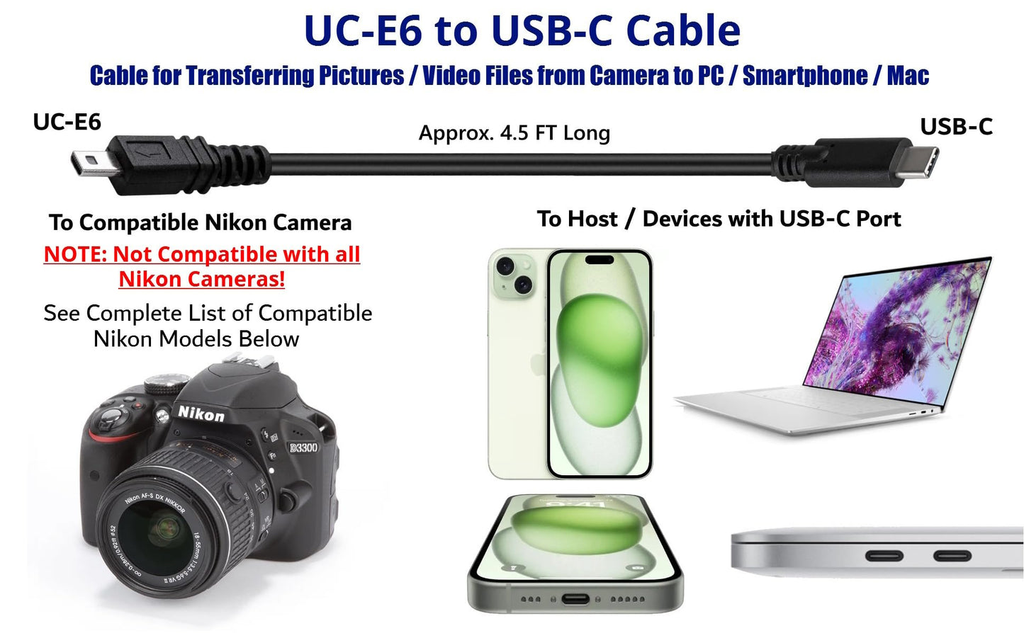 USB Picture Transfer Charge Cable with USB-C Connector UC-E6 UC-E16 UC-E17 for Select Nikon Coolpix/DSLR Cameras for PC, iPhone 15, Smartphone