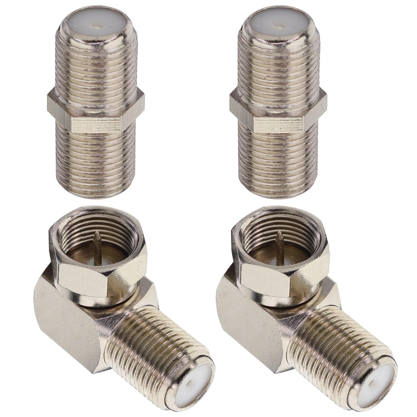 Coax 90 Degree Adapter F Type Male to Female Coaxial 90 Degree Connector Flat Wall L Shape 2pcs + 2pcs Coaxial Cable Connector RG6 F Type Female