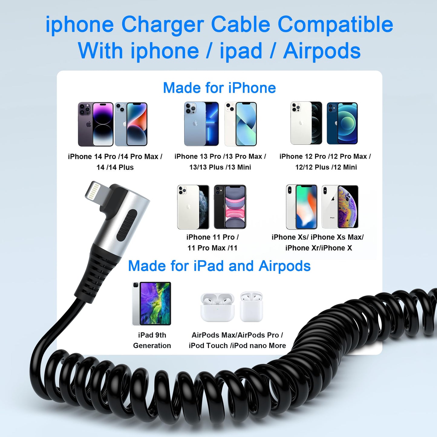 90 Degree Coiled Lightning Cable, 2 Pack iPhone Charger Cable for Apple Carplay [MFi Certified], USB Fast Charging Coiled Lightning Cable Right Angle…