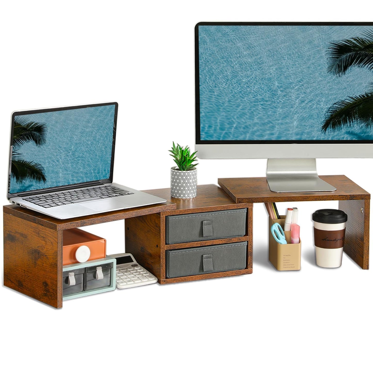 TEAMIX Dual Monitor Stand Riser with 2 Drawers - Length and Angle Adjustable 3 Shelf Monitor Riser with Storage Desk Organizer Large Monitor Stand