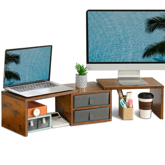 TEAMIX Dual Monitor Stand Riser with 2 Drawers - Length and Angle Adjustable 3 Shelf Monitor Riser with Storage Desk Organizer Large Monitor Stand