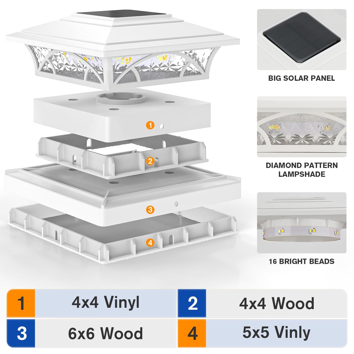 APONUO Solar Post Cap Lights 6 Pack - 4x4 5x5 6x6 Fence Post Lights, Auto On/Off, Waterproof IP64, 2-Mode (Warm/Cool White), Deck Patio Yard Solar