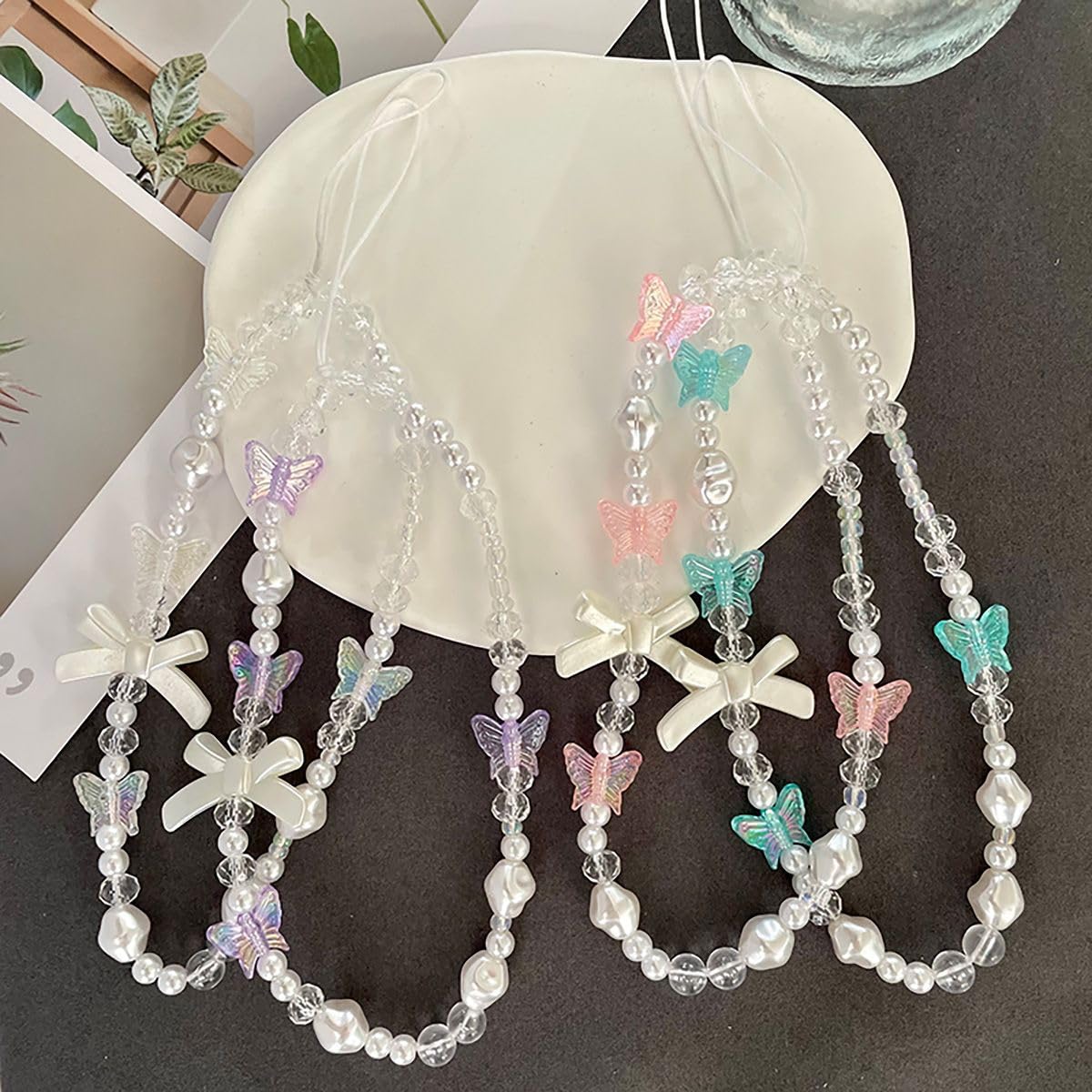 Qintreesify White Mobile Phone Lanyard Universal Chain White Pearl Beaded Phone Lanyard Wrist Strap Anti Lost Charm Strap Fashion Case Keychain Wallet