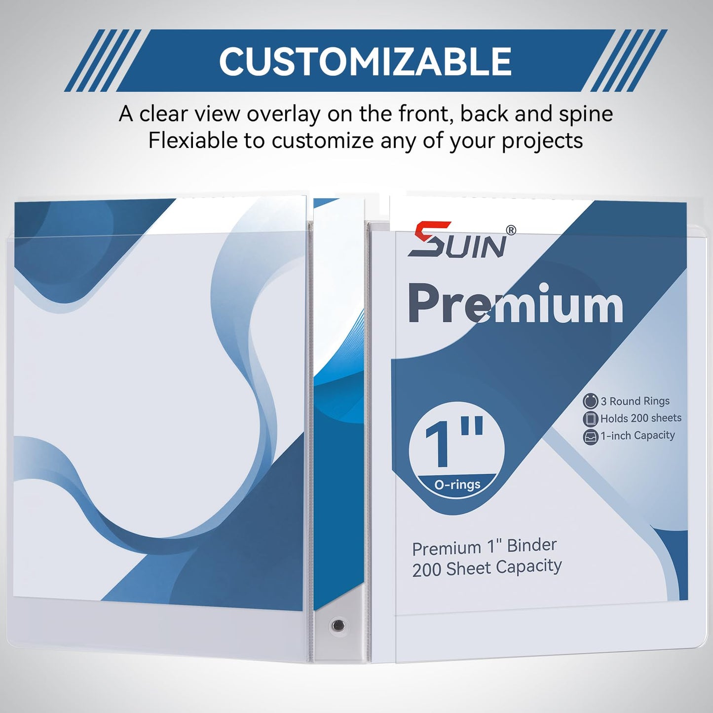 SUIN 1-inch 3 Ring Binder with 2 Pockets, Clear Customizable View Binders for US Letter Size 8.5'' x 11'', PVC Free, 1'' Binder for Office, Home,