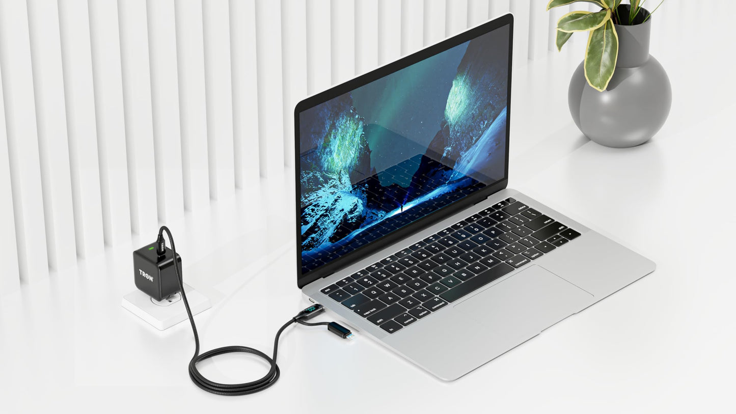 Tron 25W USB-C Power Adapter with 5FT 2-in-1 Digital Display Braided Cable - Fast Charging Solution for Home, Office, and Travel Use, TR69
