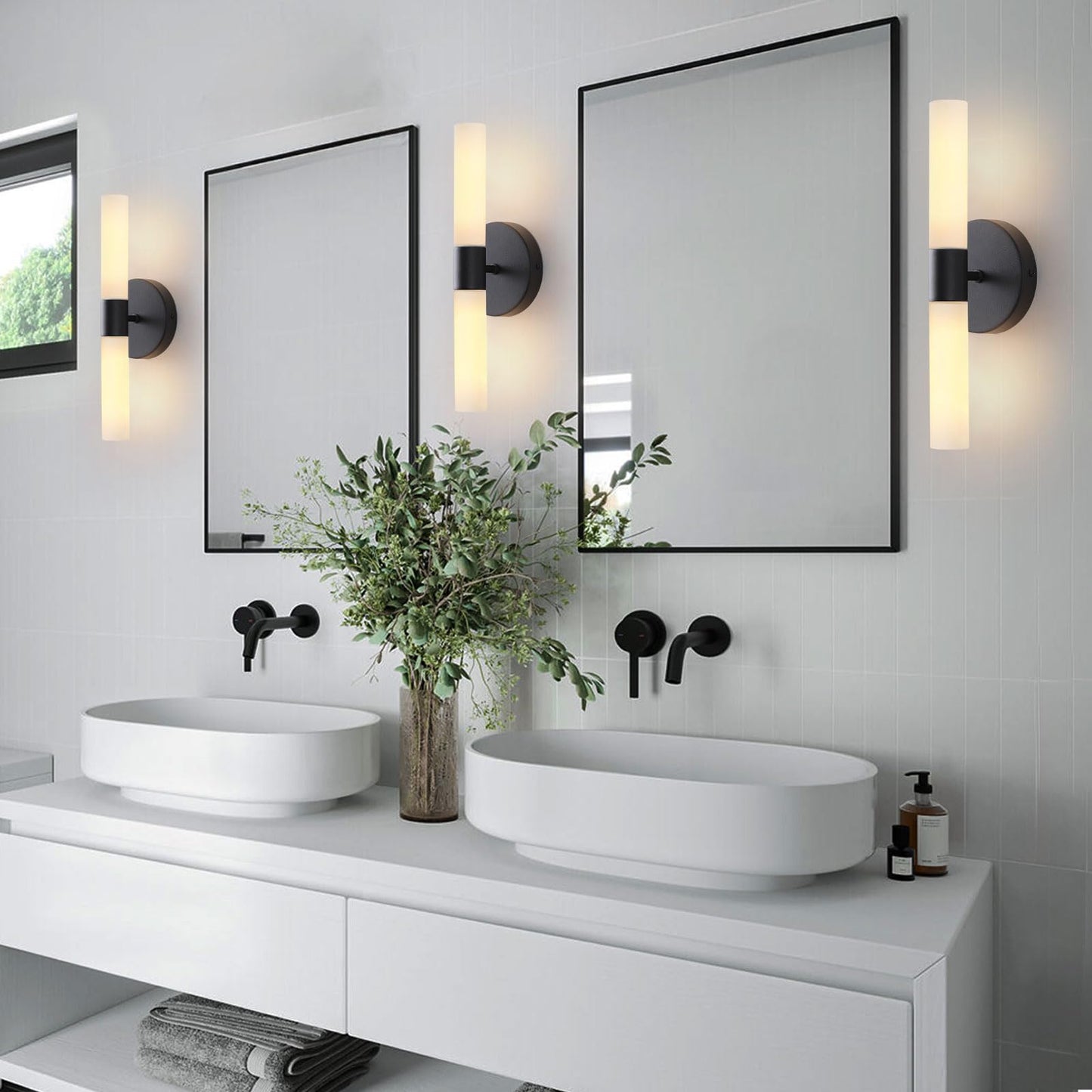 KUZZULL Wall Sconces Set of Two Matte Black Bathroom Wall Sconce Light Set of 2 Modern Wall Light Fixtures Metal Sconces Wall Lighting with White