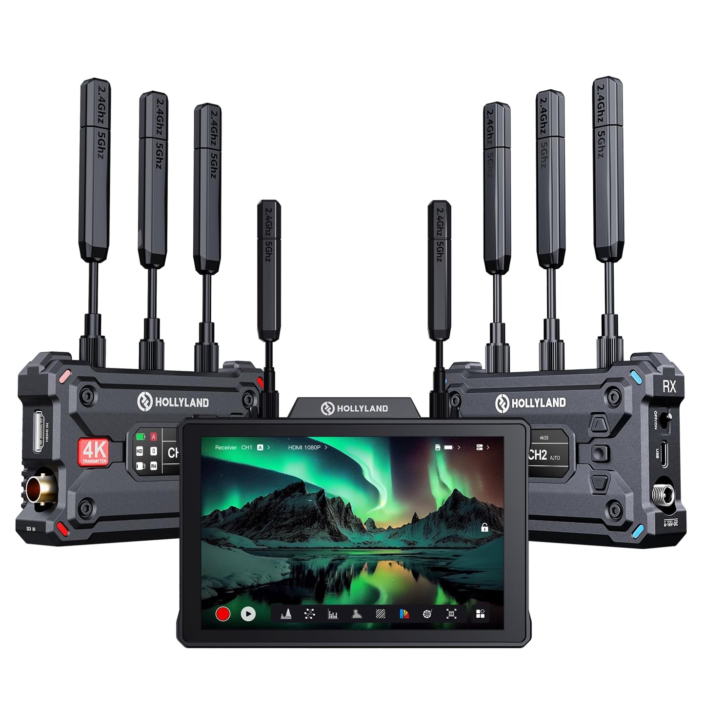 HollyView 4K Video Transmit Family - Pyro S (TX&RX) Wireless Transmitter Receiver and Pyro 7 Inch Wireless Transmitter/Receiver/Monitor (1 Set)