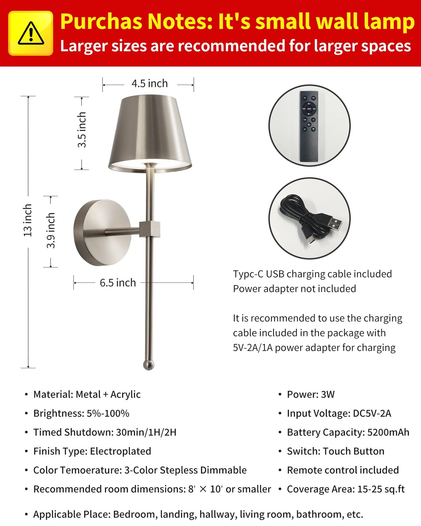 KDG Wireless Wall Sconces Set of 2, Small Cordless 5200mAh Rechargeable Battery LED Wall Lamps, Stepless Dimming Lightings for Wall Painting, Living