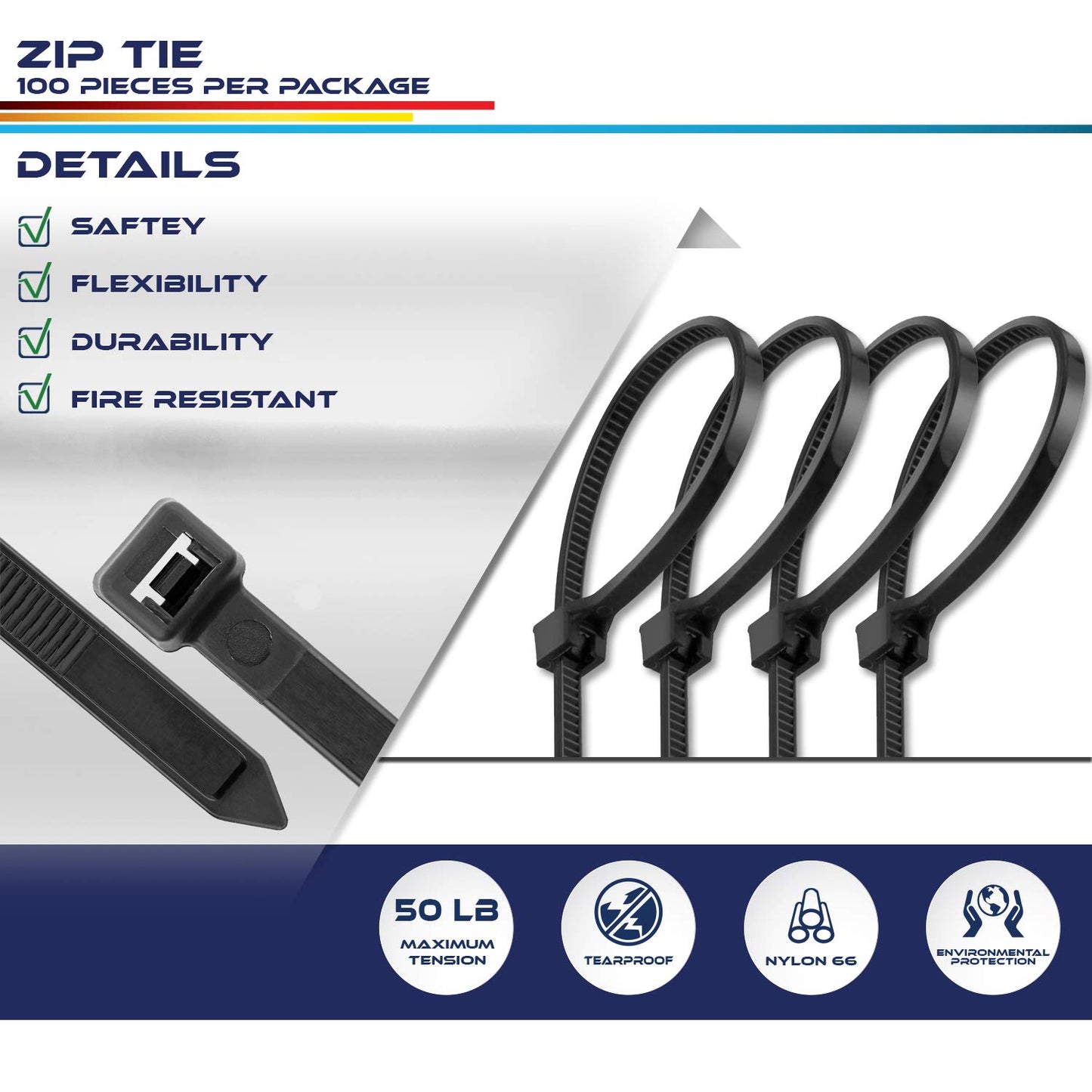 Windscreen4less 100 Pieces Black 8" Heavy Duty Zip Ties,Nylon Cable Ties