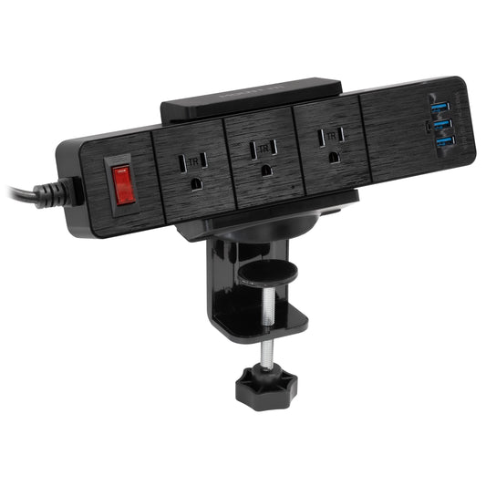 Mount-It! Power Strip Holder Clamp Desk Mount with Included Surge Protector | Black Desktop Power Outlet with 3 USB Ports and 3 AC Power Outlets |