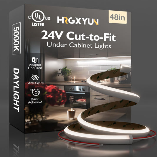 Hardwired LED Cabinet Lighting Strip - UL Listed 24V Flexible Under Shelf Light with Adhesive Backing, 5000K Cool White 810LM/M LED Strip for Closet