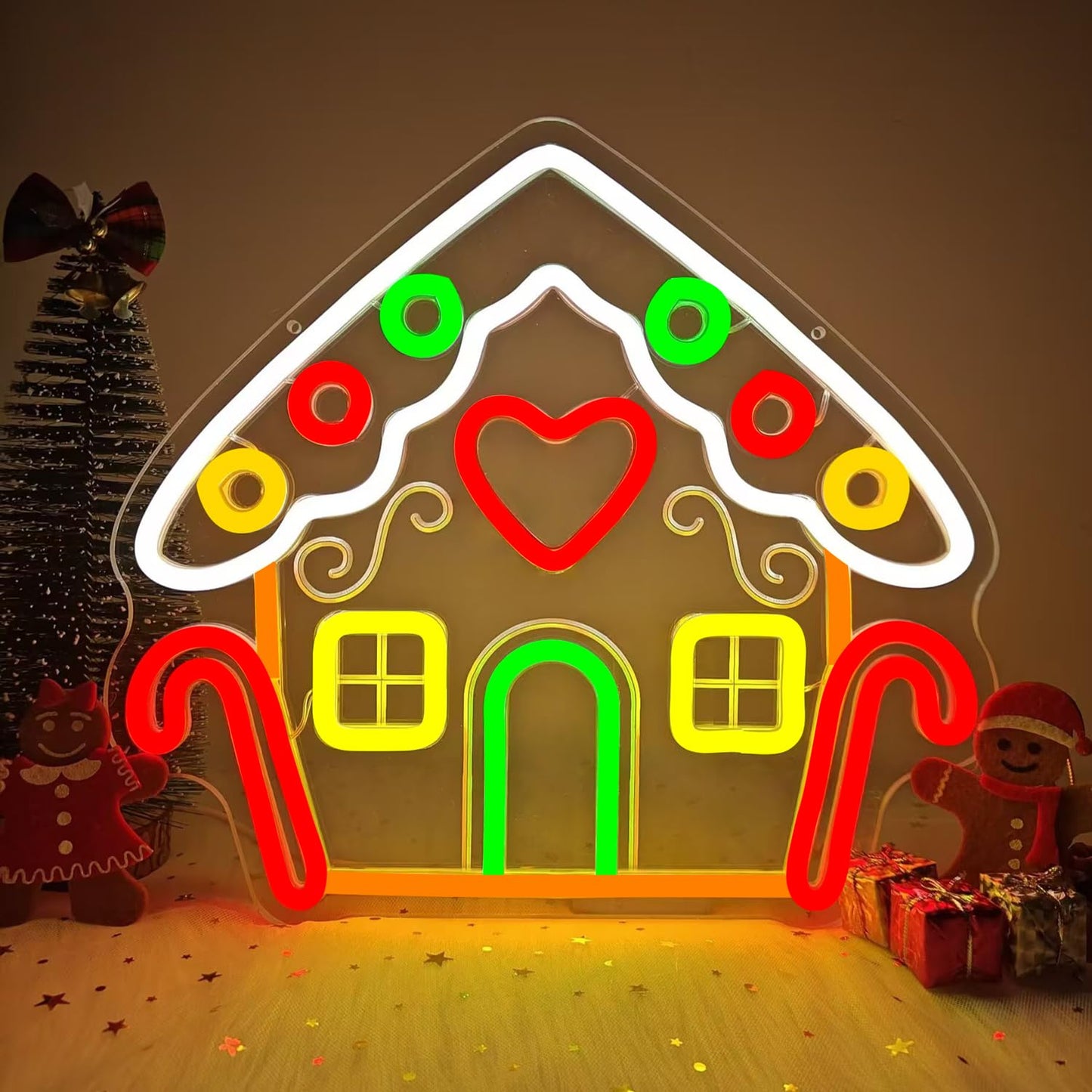 Vveikea Gingerbread Houses Neon Sign Neon Christmas Sign Dimmable Neon Lights Lighted Gingerbread House Xmas Light Up Sign Led Christmas Window