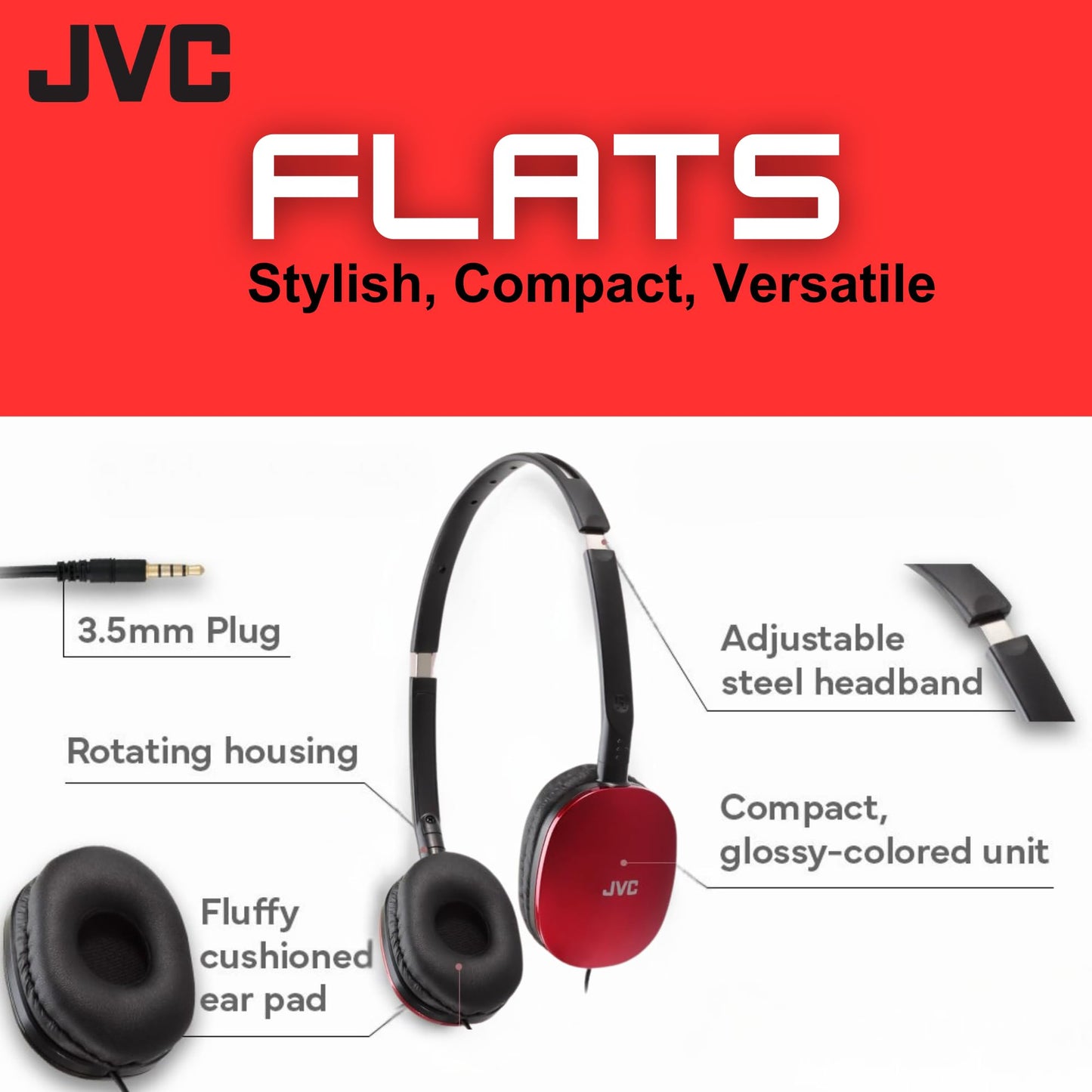 JVC Flats On-Ear Wired Headphones - Flat Foldable Design - 30mm Driver for Powerful Sound - Soft Ear-Pads for Comfort - Steel Headband - Lightweight…