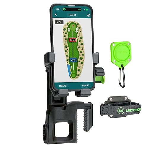 Method Golf CarryStack Golf Bag Phone Holder - Heavy Duty Magnetic Phone Mount for Most Smartphones with Magnetic Range Finder Strap- Full Rotation