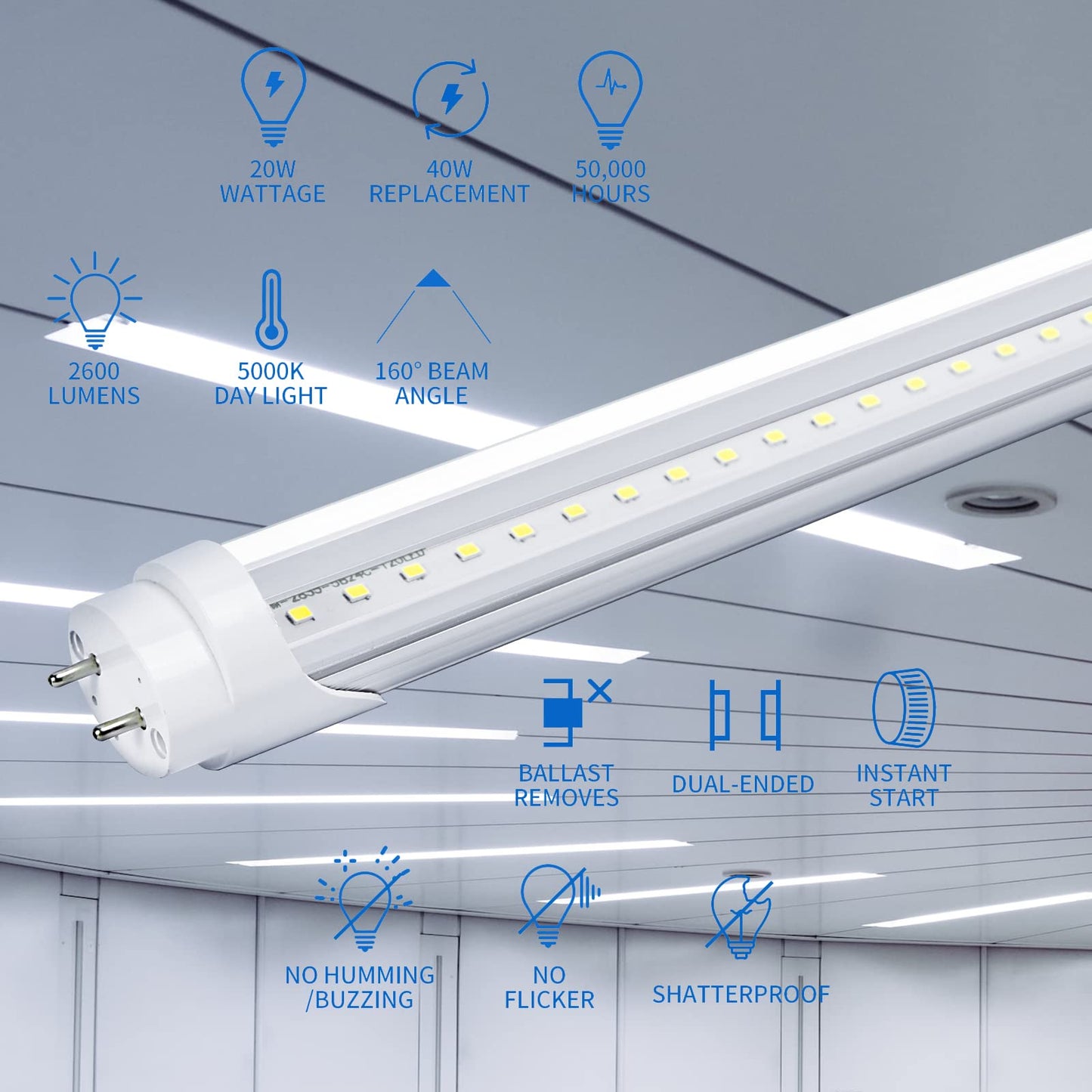 Ghiuop 25-Pack T8 LED Bulbs 4 Foot Tube Light, 4ft LED Shop Garage Light