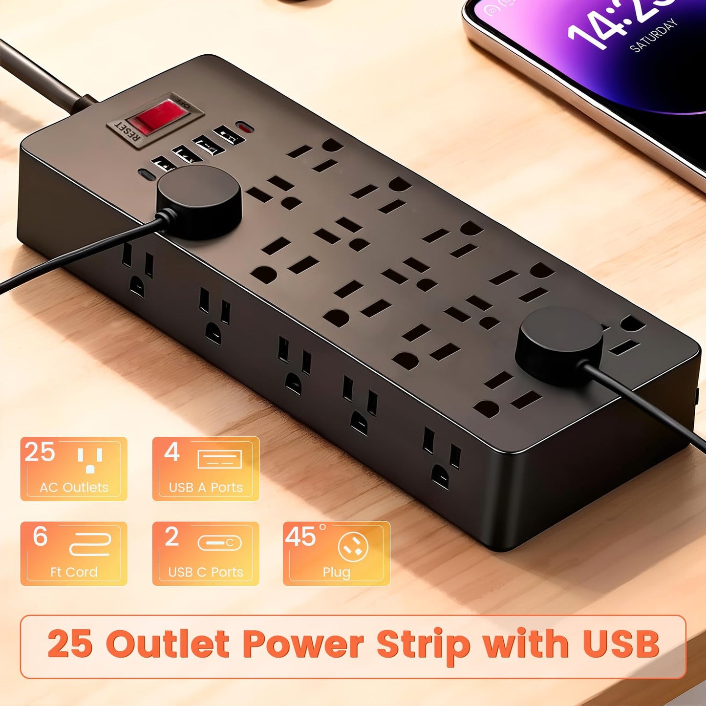ZHANGONG 25-Outlet Power Strip Surge Protector with 6 USB Ports (2 USB-C) & Flat Plug, 2000 Joules, 6.5 Ft Extension Cord for Multiple Devices