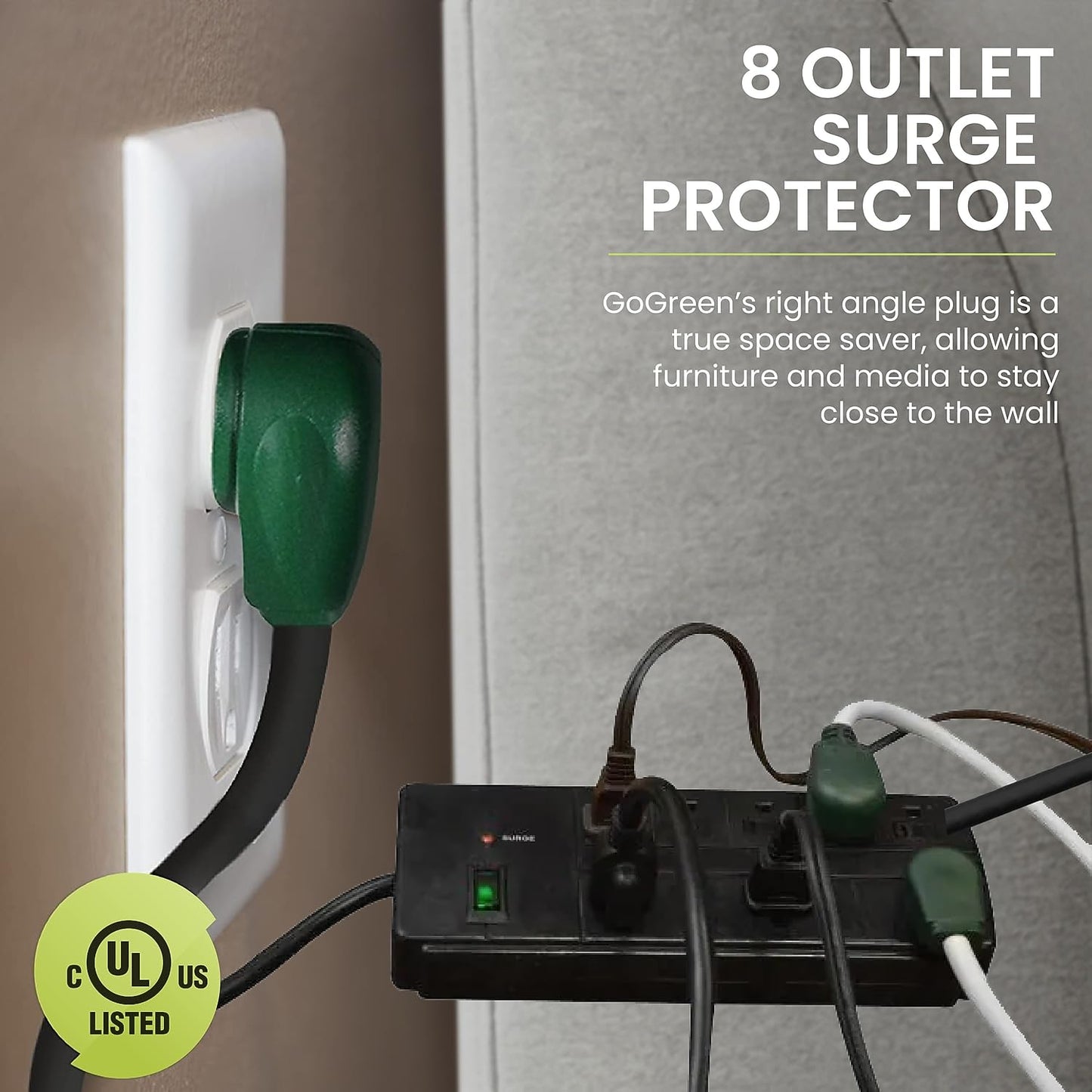 Power by GoGreen 8 Outlet Surge Protector, 6' Cord, Black (GG-18316BK)