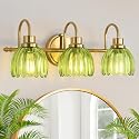 UnicozoHome Bathroom Light Fixtures (3-Light, 20 Inch), Brushed Gold Vanity Lights for Bathroom with Ribbed Green Tulip Glass Shade, Vintage Vanity