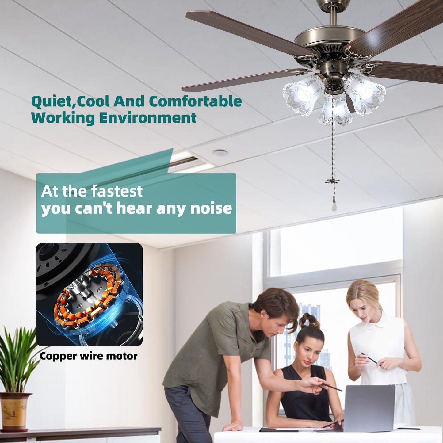 TWLITE 52 Inch Indoor Ceiling Fan with Pull-Chain and Three LED Light Bulbs Base, Traditional 3-Speeds Reversible Blades Ceiling Fan (Antique)