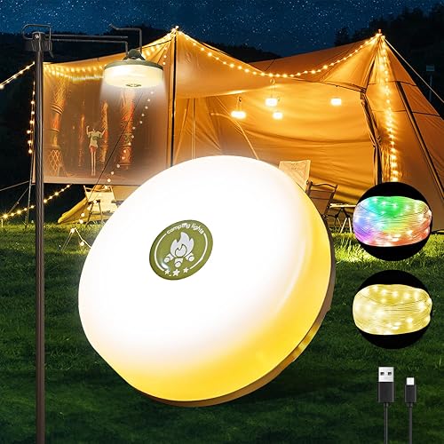 Camping String Lights,Camping Essentials Gear 32.8FT Lamp Lights Waterproof, 4 in 1 Outdoor String Lights with 8 Modes for Awn Tent Yard Garden Hiking