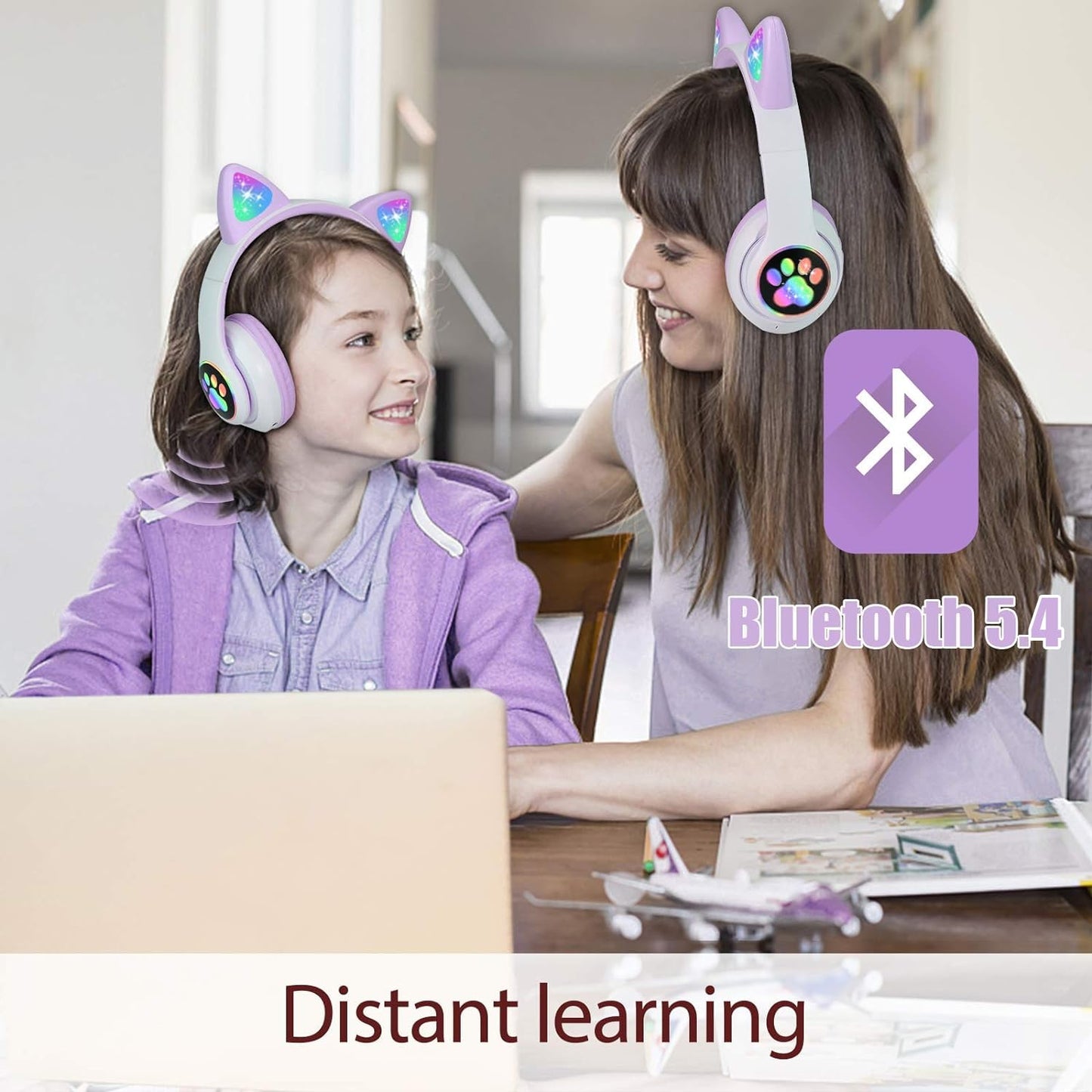 TCJJ Bluetooth 6.0 Cat Ear Kids Headphones for Girls, LED Light Up, 85dB Safe Volume Limit, Stereo Sound Toddler Foldable Wireless & 3.5mm Wired…