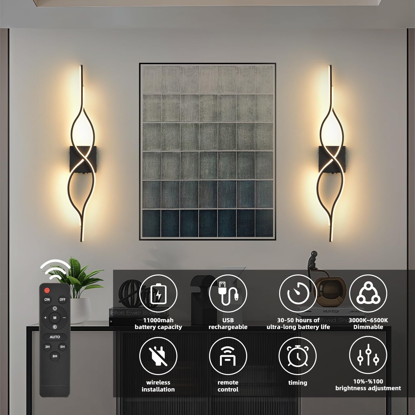 Battery Operated Wall Sconces Set of 2, Black 31.4'' LED Dimmable Wall Sconce with Remote Control, Adjustable Color Temperature Brightness for Living